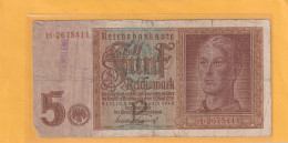 REICHSBANKNOTE  .  5 MARK  .  1-8-1942  .  N°  H.2675411  +  PUFFER A GAUCHE - 5 Reichsmark