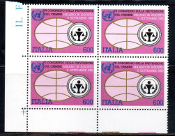 ITALIA REPUBBLICA ITALY 1985 CONGRESSO SUI PROBLEMI PREVENZIONE DEL CRIMINE ONU MILANO QUARTINA ANGOLO DI FOGLIO MNH - 1981-90: Mint/hinged