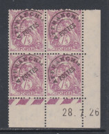 France Préoblitéré N° 42 XX Type Blanc  7 1/2 C Lilas En Bloc De 4 Coin Daté Du 28 . 7 . 26   Sans Charnière, TB - Preobliterati