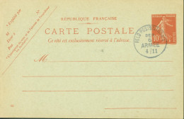 Guerre 14 Entier 10c Rouge Semeuse Camée Date 321 CAD Armée Allemande Feld Poststation N°1 Der 6 Armée 4/11 - WW I