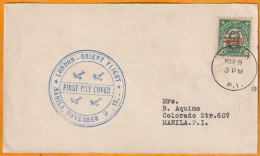 1928 - FDC - London Orient Precursor Flight - Manila (USA) November 9th 1928 - 2 C Stamp Air Mail LOF Overprint - Philippines