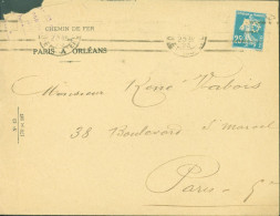 Perforé YT N°140 Semeuse Camée 25c Bleu Perforation PO Chemin De Fer Paris à Orléans CAD Paris 1925 - Storia Postale