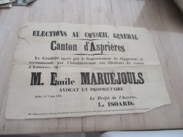 Grande Affichette 2 X A3 Environ Elections Au Conseil Général Aspières  Aveyron  1864 En L'état - Afiches