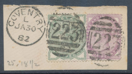GB QV ½d Pale Green And 1d Lilac On Superb Piece With Duplex „COVENTRY / 223“, Warwickshire (3VOD, Time In Code L), 30.1 - Usati