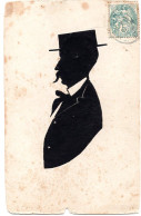 SILHOUETTE OMBRE PORTRAIT HOMME AVEC SON CHAPEAU    -  COLLAGE SUR CARTE POSTALE ANCIENNE - Silhouettes