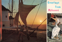 GRECE - Greetings From Mykonos - Voile Et Pêcheur - Pélican - Carte Postale - Griechenland