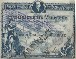 ETABLISSEMENT VERMINCK  - ACTION DE CENT FRANCS ILLUSTREE BLEU - ANNEE 1920 - Altri & Non Classificati