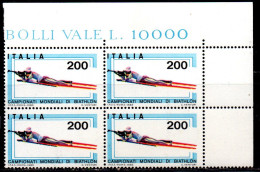 ITALIA REPUBBLICA ITALY REPUBLIC 1983 CAMPIONATI MONDIALI DI BIATHLON WORLD CHAMPIONSHIP QUARTINA ANGOLO DI FOGLIO MNH - 1981-90: Mint/hinged