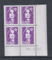 France N° 2619 XX Marianne De Briat  50 C. Violet-rouge En Bloc De 4 Coin Daté Du 15 - 3 - 90 ; 2 Traits, Sans Ch., TB - 1980-1989