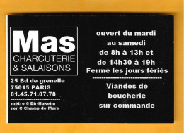 Carte De Visite MAS Charcuterie & Salaisons - 75015 PARIS - - Autres & Non Classés