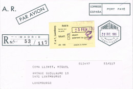 54517. Carta Certificada Aerea MADRID 1989 A Luxemburgo. Portes Pagados. Viñeta, Label AUSENTE - Brieven En Documenten