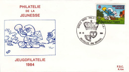 BELGIUM 1984 YOUNG PHILATELISTS SMURFS COMICS OFFICIAL FDC RARE - Stripsverhalen