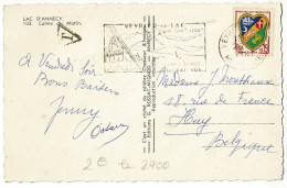 Tampon T Dans Triangle, Taxe Non Appliquée CP, Lac D'Annecy, Calme Du Matin - Circ 1961 Pour La Belgique, TP 0.15 Cts - 1960-.... Lettres & Documents