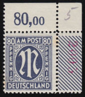 34aA Zr4 AM-Post 80 Pf Ecke, Rote Bogenzählnummer, Ungefaltet, ** Stockflecken - Mint
