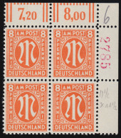 21D Zr4 AM-Post 8 Pf Eck-Viererblock, Rote Bogenzählnummer, Ungefaltet, ** / MNH - Nuovi