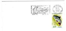 Flamme Concordante SECAP 1990 Saone Et Loire "DIGOIN Pays De Pêche Faïence Céramique" Pêche à La Truite Pont Fishing - Poissons