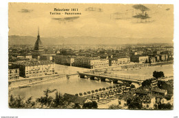 Torino - Cartolina Panoramica Con Velivolo In Volo - Marcophilie (Avions)