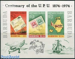 Barbuda 1974 UPU Centenary S/s Imperforated, Mint NH, Transport - Various - Stamps On Stamps - U.P.U. - Aircraft & Avi.. - Briefmarken Auf Briefmarken