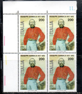 ITALIA REPUBBLICA ITALY REPUBLIC 1982 GIUSEPPE GARIBALDI CENTENARIO MORTE QUARTINA ANGOLO DI FOGLIO BLOCK MNH - 1981-90:  Nuevos