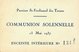 VIEUX PAPIERS FAIRE PART COMMUNION 75 PARIS PAROISSE SAINT FERDINAND DES TERNES 13 MAI 1937 - Comunión Y Confirmación
