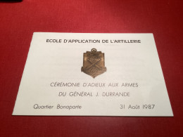 L’école D’application De L’artillerie, Cérémonie D’adieu Aux Armes Du Général 1987 Militaires Programme - Tarjetas De Visita