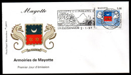 Mayotte , 02 01 1997 Armoiries Enveloppe Premier Jour D'émission Du Timbre Et De La Flamme De Mamoudzou Kaweni - Lettres & Documents