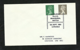 U.K Royaume Uni Lettre Du 6/09/1991 Cachet Illustré Carlisle Match Inaugural Du R.L.F.C. Avec Les N° 608 Et 901 B/ TB - Rugby