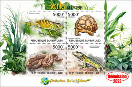Burundi 2023, Animals, Lizard, Turtle, Snake, Re-issued, 4val In Block - Schlangen