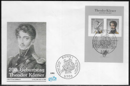 Germany. FDC Mi. BL25. Souvenir Sheet.  Birth Bicentenary Of Theodor Körner. FDC Cancellation On Cachet Special Envelope - 1991-2000