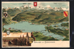 Lithographie Konstanz Am Bodensee, Landkarte Des Sees Mit Der Umgebung, Wappen Der Städte Am Seeufer  - Konstanz