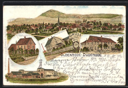 Lithographie Oldenrode-Düderode, Braunkohlengrube Gewerkschaft Ernst Düderode, Oberförsterei, Ortsansicht  - Bergbau