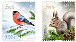 Estonia Estland Estonie 2021 Christmas Bullfinch And Squirrel Bird Set Of 2 Stamps MNH - Passeri