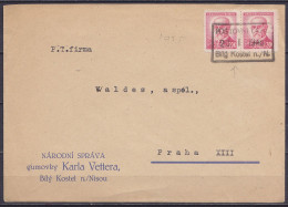 Tchécoslovaquie - L. Affr. 2x 1k20 Oblit Fortune [POSTOVNI URAD /28.1.1946/ Blig Kostel N./N.] Pour PRAHA XIII - Lettres & Documents