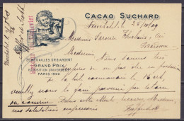 Suisse - EP CP 5c Vert Repiqué Cacao Suchard (enfant Buvant Du Chocolat) + 5c Càpt "NEUCHATEL /25.X.1909/ EXP. LETTR." P - Entiers Postaux