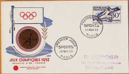 04842 / Rare Hommage Médaille D' Or ESCRIME FDC JEUX OLYMPIQUES 1952 HELSINKI Premier Jour 28 Novembre 1953  - Sommer 1952: Helsinki