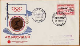 04841 / Rare Hommage Médaille D' Or NATATION FDC JEUX OLYMPIQUES 1952 HELSINKI Premier Jour 28 Novembre 1953  - Verano 1952: Helsinki