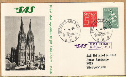 04533 / Sweden First SAS METROPOLITAN Jet Flight 1er Avril 1964 STOCKHOLM ARLANDA KÖLN Västtyskland Cpav - Storia Postale