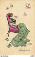 FEMME ASSISE DANS UN FAUTEUIL QUI FAIT DES BULLES DE SAVON AMOUR BONHEUR SANTE ILLUSTRATION XAVIER SAGER - Sager, Xavier