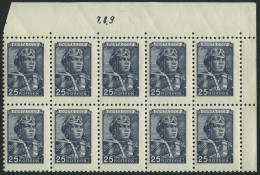 SOWJETUNION 1333I **, 1949, 25 K. Blau, Offsetdruck, Im Zehnerblock Aus Der Rechten Oberen Bogenecke Mit Bogenzähl-Nr. 7 - Gebraucht