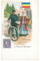 RO 52 - 11496 Flag, Carol I Stamp, POSTMAN, BIKE, Ethnic Woman, Romania - Old Postcard - Unused - Roumanie