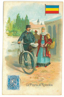 RO 52 - 21376 Flag, Carol I Stamp, POSTMAN, BIKE, Ethnic Woman, Litho, Romania - Old Postcard - Unused - Romania