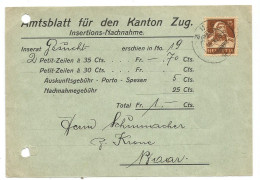 Suisse G.Tell C.25 Brown Papier Grillé Gaufré Solo Franking Newspapers Card Zug 16may1933 To Baar 17may - SCARCE!!!!! - Marcophilie