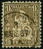 SCHWEIZ BUNDESPOST 28a O, 1863, 1 Fr. Goldbronze (gelblich), Feinst (kleine Zahnfehler), Mi. 420.- - Usados