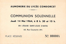 VIEUX PAPIERS FAIRE PART COMMUNION 75 PARIS AUMONERIE LYCEE CONDORCET 14 MAI 1964 - Communion