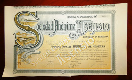 Sociedad Anónima Asensio.SA. Barcelona ,Mataró, Berga 1942. Share Certificate - Tessili