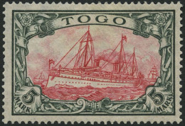 TOGO 23IIA *, 1919, 5 Mk. Grünschwarz/rotkarmin, Mit Wz., Kriegsdruck, Gezähnt A, Falzreste, Pracht, Gepr. Jäschke-L., M - Togo