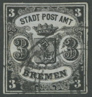 BREMEN 1y O, 1855, 3 Gr. Schwarz Auf Blaugrau, Waagerecht Gestreiftes Papier, Type II, Mit Seltenem K2 BREMERHAVEN, Klei - Brême