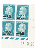 222 Pasteur 50 C. Sur 1,25 F. Bleu Coin Daté 1926-03-16 Cylindre B Charnière - 1922-26 Pasteur