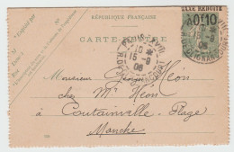 Carte Lettre Semeuse 15 Cts . Taxe Réduite ,date 550 Pour Containville Plage. Arrivée Mal Frappé - Kaartbrieven