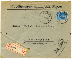 BELGIQUE - COB 207 SIMPLE CERCLE EUPEN SUR LETTRE RECOMMANDEE, 1927 - Covers & Documents